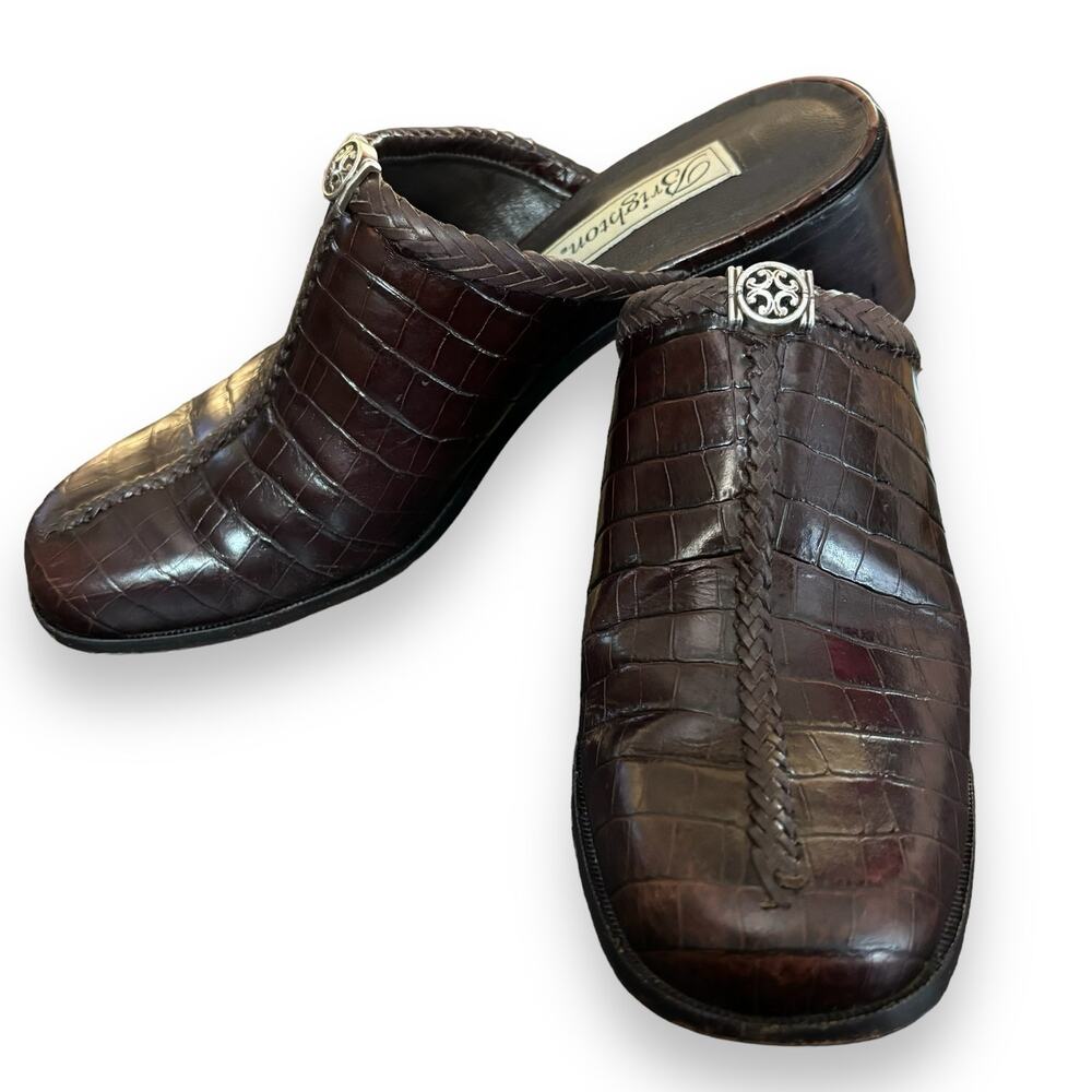Brighton Brown Faith Crocodile Print Mules Size 8M Leather Slides Silver